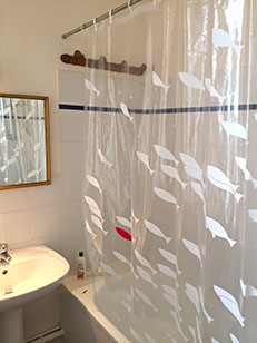 Bathroom mirror, sink, tub, towel rack, fishes on the shower curtain.